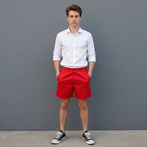 Photograph of a young man with short brown hair, wearing a white button-up shirt, red shorts, black Converse sneakers, standing against a gray