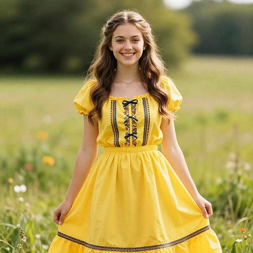 Cheerful Woman in Yellow Prairie Dress