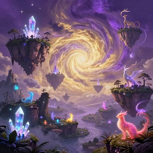 Fantasy digital painting of floating crystal islands with glowing creatures, vibrant swirling yellow-purple sky, and mystical neon-colored dragons.