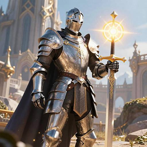 CGI image of a shining, medieval knight in polished steel armor, holding a glowing sword, standing before a grand cathedral.