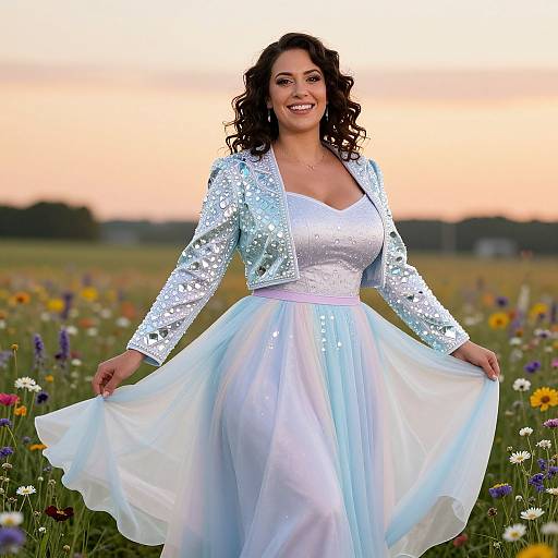 Photograph of a smiling woman with curly dark hair, wearing a sparkly silver jacket and white, flowing dress, standing in a colorful meadow at