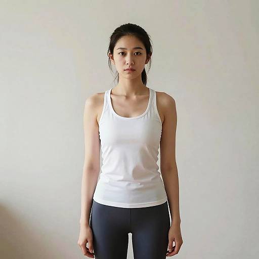 Photograph of an Asian woman with a slender build, wearing a white tank top and black pants, standing against a plain white background. Her black hair