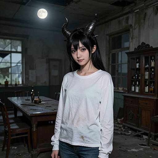 Photorealistic digital artwork of a young Asian woman with black horns, long black hair, wearing a dirty white shirt, standing in a dimly lit