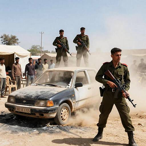 Soldiers Guarding Burnt Car in Desert Area