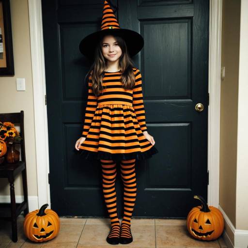 Girl in Halloween Witch Costume with Jack-o'-Lanterns