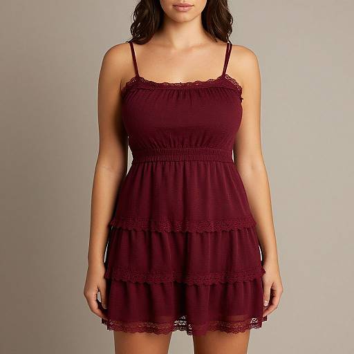 Photograph of a woman with medium skin tone, dark wavy hair, wearing a sleeveless, deep burgundy, lace-trimmed, tier