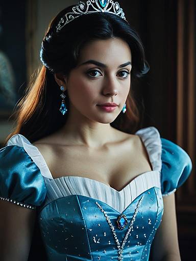Photograph of a young woman with fair skin and dark hair, wearing a blue satin Disney-inspired princess dress, white puffed sleeves, silver tiara