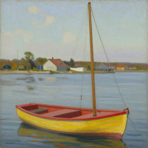 Impressionist-style painting of a yellow and red sailboat with a single mast, floating on calm blue water, with distant houses and trees under a