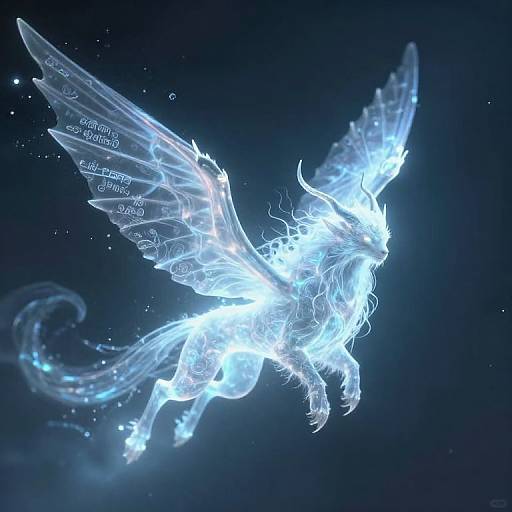 Digital art of a glowing, ethereal, blue and white winged horse floating in a dark, starry background. Radiant, luminous,