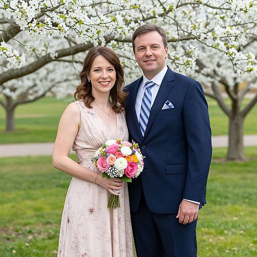 Photograph of a smiling Caucasian couple on a spring day; the woman in a lace pink dress holds a colorful bouquet, the man in a black suit