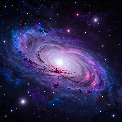 Photograph of a vibrant spiral galaxy with a bright white core, surrounded by purple, blue, and pink nebulae, set in a star-filled