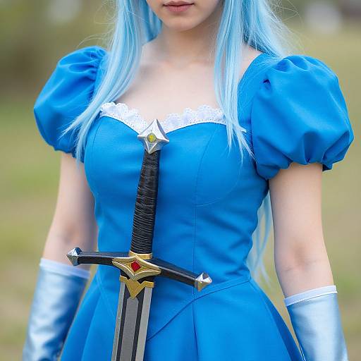 Photograph of a woman with blue hair, blue dress with white collar, puffed sleeves, and silver gloves, holding a sword with a gold and