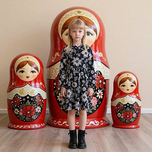 Photograph of a blonde girl in black floral dress and black boots, standing between three large, red, floral-patterned, doll-like statues.
