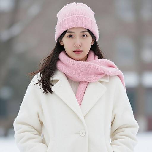 Photograph of an Asian woman with long black hair, pink knit hat, matching scarf, and white coat, standing in a snowy, blurred outdoor background
