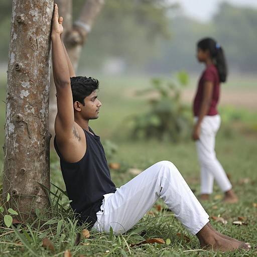 Young Indian Man Stretching Outdoors by Tree