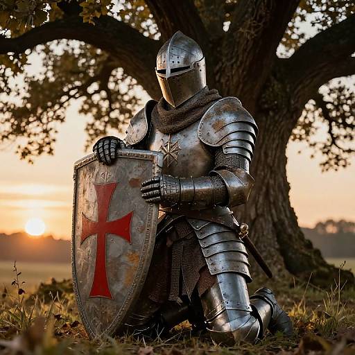Photograph of a medieval knight in silver armor, kneeling under a large tree at sunset, holding a shield with a red cross.
