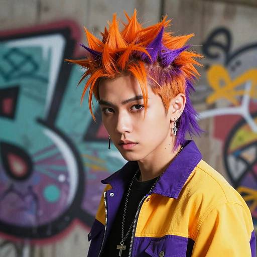 Photograph of a young man with spiky orange and purple hair, wearing a yellow and navy jacket, against a graffiti-covered wall.