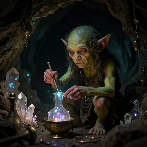 Photorealistic CGI of a green-skinned, pointy-eared goblin with long hair, crouching in a dark cave, lighting a