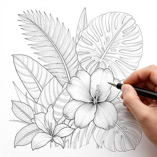 Black ink sketch of tropical flowers with large leaves, drawn with a pen in detailed line art style, right hand holding pen.