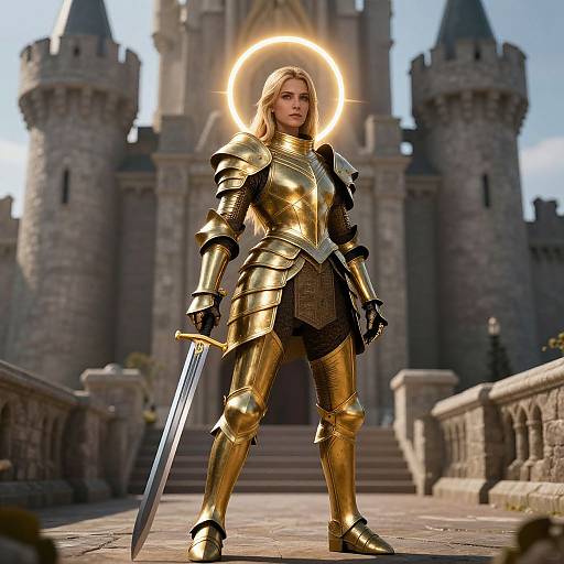Blonde woman in golden armor with glowing halo, holding sword, stands confidently before medieval castle in CGI image.