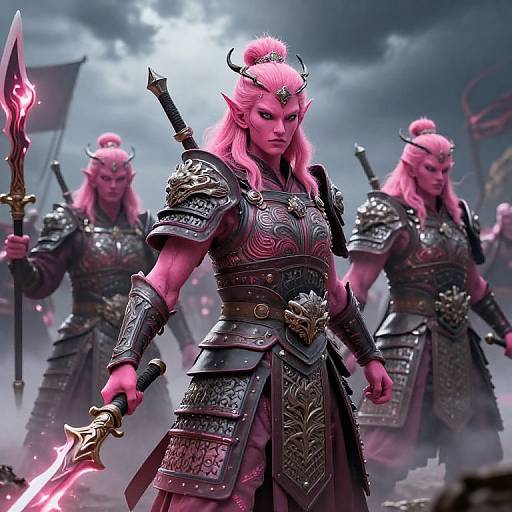 Digital art of fierce, pink-skinned, horned demon warriors in ornate black armor, holding glowing swords, standing in a cloudy, moonlit