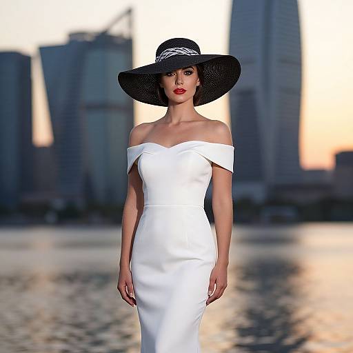Photorealistic CGI of a slim, fair-skinned woman with red lipstick, wearing an off-shoulder white dress and black wide-brimmed