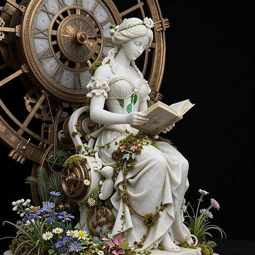Photograph of a white marble statue of a Victorian woman with floral crown, reading, surrounded by gears and flowers, black background.