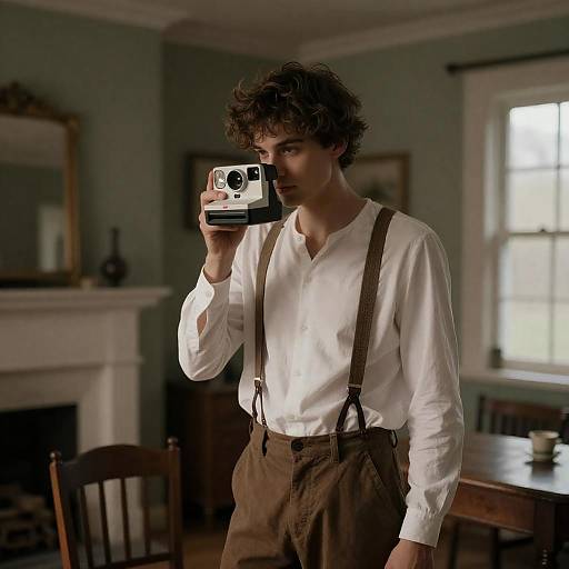Young Man Holding Vintage Polaroid Camera