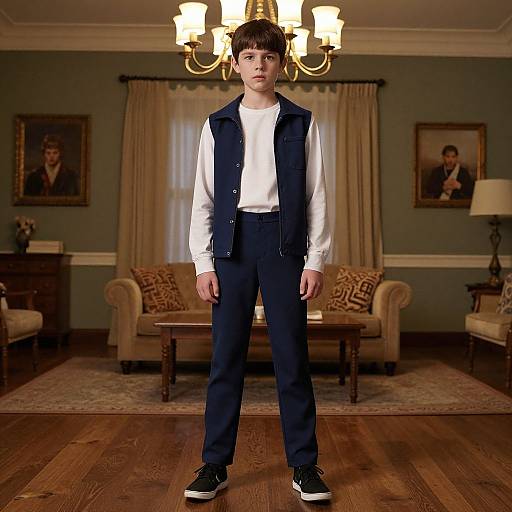 Photograph of a young boy with short brown hair, standing in a stylish living room, wearing a white shirt, navy vest, and pants, black