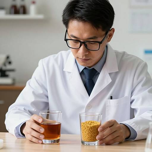 Photograph of an Asian male scientist with black hair and glasses, wearing a white lab coat, holding a glass of brown liquid and a glass of yellow