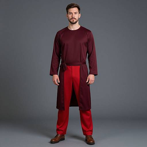 Photograph of a bearded man with short dark hair, wearing a dark burgundy long-sleeve tunic, red pants, and brown shoes