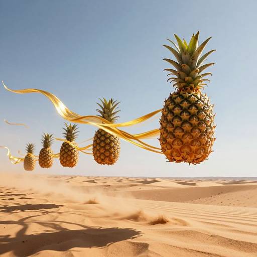 Photograph of five giant, floating pineapples with golden ribbons trailing, set against a clear blue sky and sandy desert landscape.