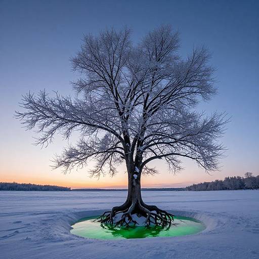 Majestic Frosted Tree with Luminous Pool