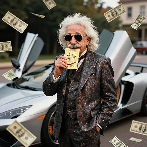 Photograph of an older man with white hair, sunglasses, and mustache, wearing a sparkly black suit, holding a dollar bill, surrounded by