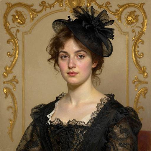 Victorian-style portrait of a young woman with fair skin and brown hair, wearing a black lace dress and matching hat, against an ornate, gold