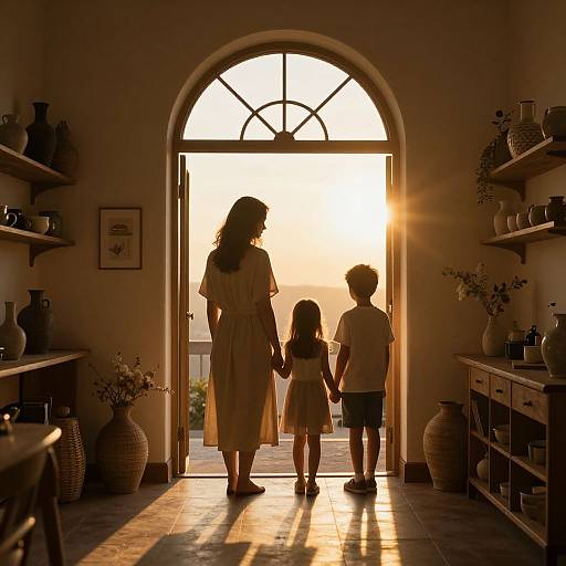 Photograph of a mother, son, and daughter holding hands, silhouetted against a sunset through a large arched doorway in a warmly lit