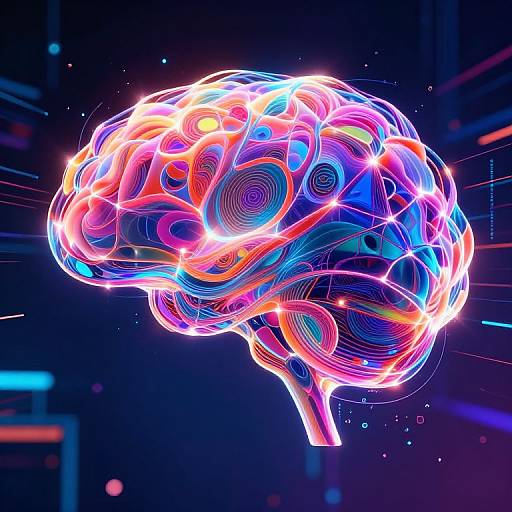 Digital art of a neon-colored, glowing human brain with vibrant pink, blue, orange, and white swirling lines against a dark, futuristic background.
