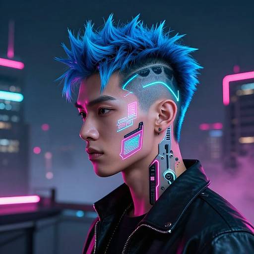Cyberpunk portrait of Asian man with vibrant blue spiky hair, neon facial and neck tattoos, black jacket, neon-lit cityscape background.