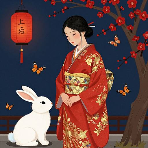 Digital artwork of a black-haired Japanese woman in a red floral kimono, standing beside a white rabbit under a lantern-lit night sky with red cherry