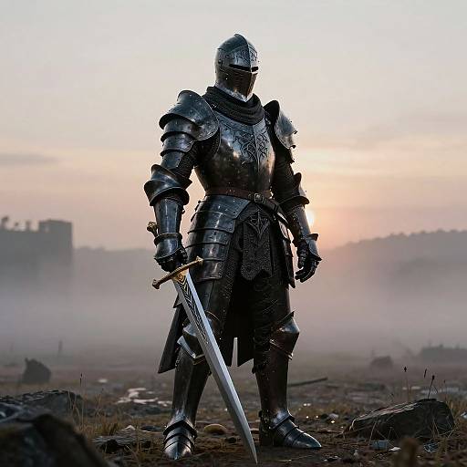 Photograph of a medieval knight in full armor, standing with sword in hand, at dawn, foggy battlefield, castle in background.