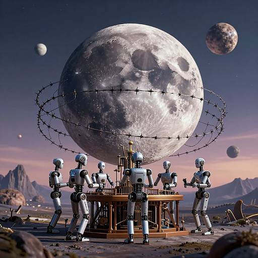Digital artwork of six robotic figures surrounding a control station with a large, fenced moon in a planetary landscape.