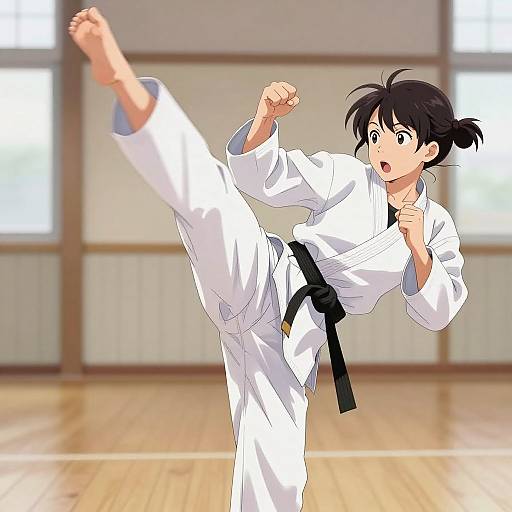 Anime-style drawing of a black-haired girl performing a high karate kick in a dojo, wearing a white gi with a black belt.