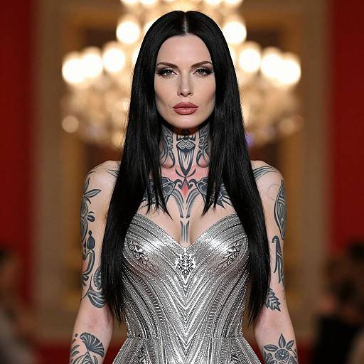 Photograph of a tattooed woman with long black hair, wearing a metallic silver, patterned dress, standing in a warmly lit, elegant room.