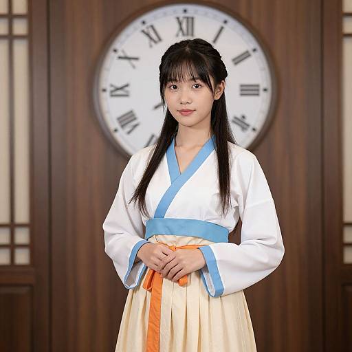 Photograph of an Asian woman with long black hair in a traditional white and blue Korean hanbok, standing before a wooden clock on a shoji