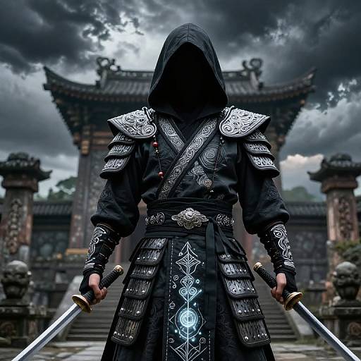 Photograph of a hooded samurai with intricate black armor, holding dual swords, standing before a traditional Asian temple under a stormy sky.
