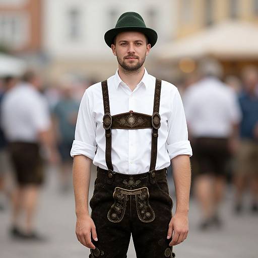 Photograph of a young man with light skin, brown hair, and beard, wearing a green hat, white shirt, black lederhosen,