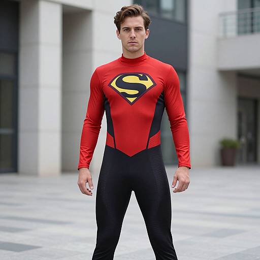 Photograph of a handsome, brown-haired man in a red and black Superman costume standing in a modern urban plaza.