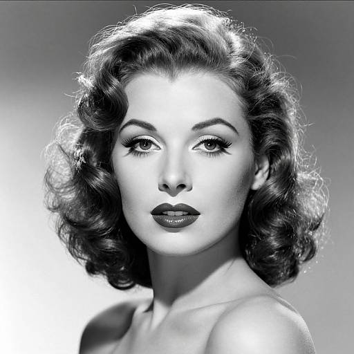Black-and-white photograph of a classic Hollywood actress with wavy, shoulder-length hair, dark lipstick, and intense gaze, set against a gradient background.