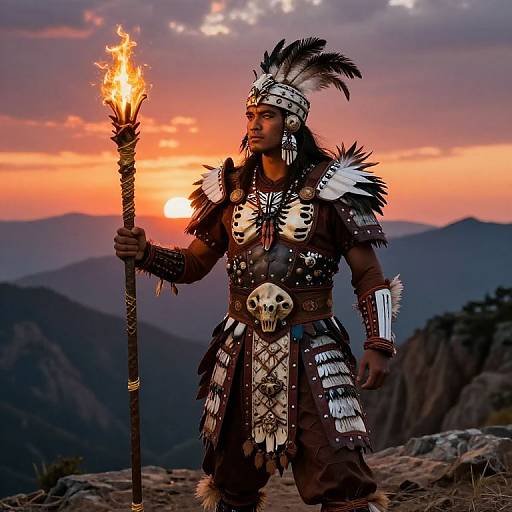 Photograph of a Native American warrior in elaborate feathered headdress and armor, holding a torch at sunset, standing on rocky mountain terrain.