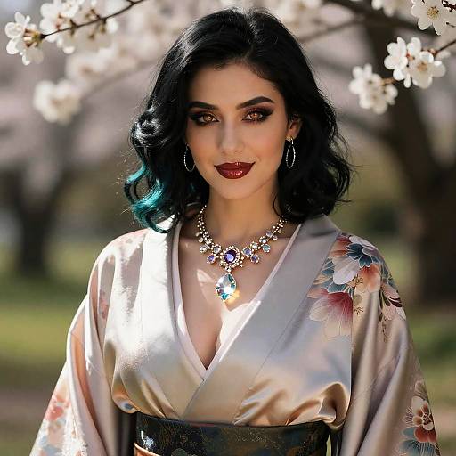 Elegant Woman in Hand-Painted Silk Kimono